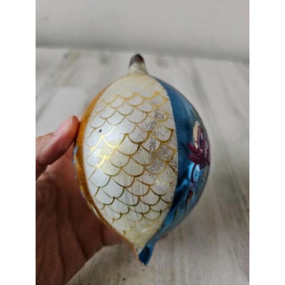 Antique flower striped teardrop glass Mercury ornament Xmas tree yellow blue she - Picture 2 of 10